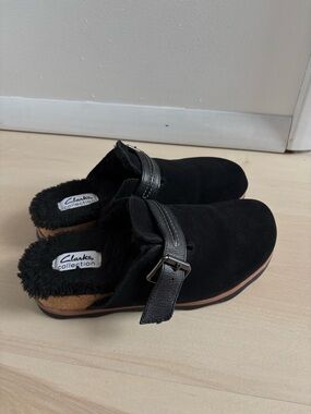 Clarks Black Suede Fleece-Lined Slip-On Clogs with Buckle